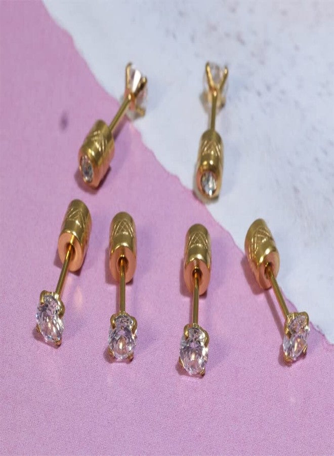 Renkovte Dainty Flat Screw Back CZ Stud Earrings for Women,Safety Screw on Flatback Cartilage Earrings Helix Earrings Hypoallergenic for Women Men(4mm CZ, Gold) - Image 3